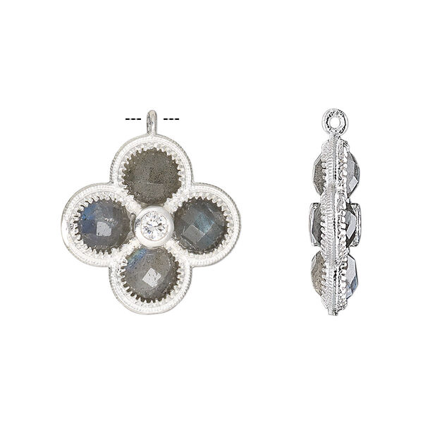 Drop, labradorite (natural) / cubic zirconia / sterling silver, clear, 19mm double-sided faceted flower. Sold individually. image number 0