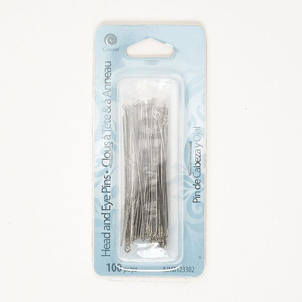 Head pin and eye pin mix, antique silver-finished steel, 2 inches, 21 gauge. Sold per pkg of 100. image number 0