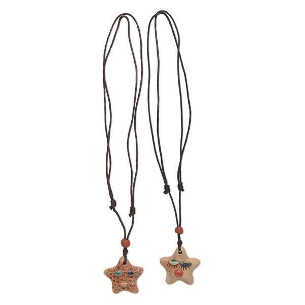 Necklace, porcelain and waxed cotton cord (dyed), multicolored, 41x38mm and 42x40mm single-sided hand-painted textured star, adjustable 16 to 32 inches. Sold per pkg of 2. image number 0