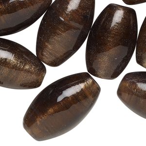 Bead, lampworked glass, translucent dark brown, 25x14mm oval with copper-colored glitter. Sold per pkg of 20.