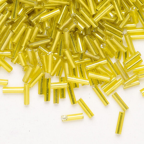 Bead, Ming Tree™, bugle bead, glass, pkg/1/4 pound, 1/4 inch, silver-lined translucent light amber yellow. image number 0