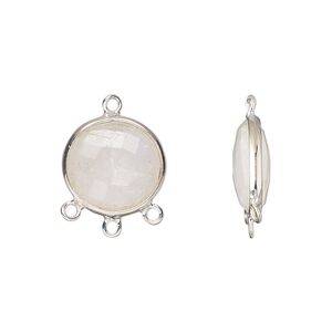 Drop, sterling silver and rainbow moonstone (natural), 14mm hand-cut double-sided faceted puffed flat round with 3 closed loops, Mohs hardness 6 to 6-1/2. Sold individually.