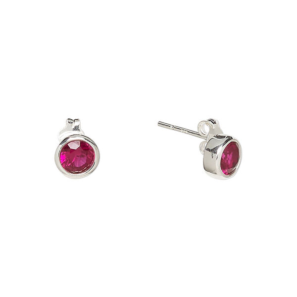 Earstud, Create Compliments®, cubic zirconia and sterling silver, ruby red, 6.5mm round. Sold per pair. image number 0