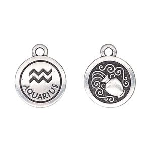 Charm, TierraCast®, antique silver-plated pewter (tin-based alloy), 15mm two-sided flat round with Aquarius zodiac sign and symbol. Sold per pkg of 20.