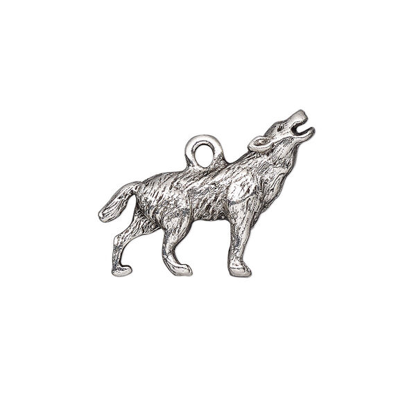 Charm, antique silver-plated pewter (tin-based alloy), 28x18.5mm 3D wolf. Sold individually. image number 0