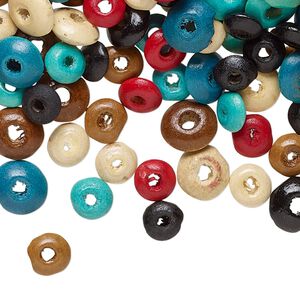 Bead mix, wood, mixed colors, 5x3mm-9x4mm rondelle with 0.9-2.4mm hole. Sold per pkg of 500.