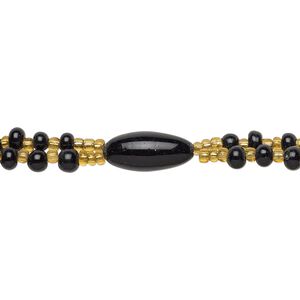 Bead mix, glass, pkg/22 inch, 12x6-13x6mm center-drilled oval, silver-lined opaque and transparent black and gold.