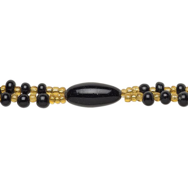 Bead mix, glass, pkg/22 inch, 12x6-13x6mm center-drilled oval, silver-lined opaque and transparent black and gold. image number 0