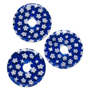 Component, millefiori glass, translucent multicolored, 24-26mm undrilled donut with flower design. Sold per pkg of 3.