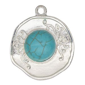 Focal, silver-finished "pewter" (zinc-based alloy) and "turquoise" (imitation) resin, turquoise blue, 33.5x33mm, single-sided roundish shape with flowers and steel jump ring. Sold per pkg of 2.