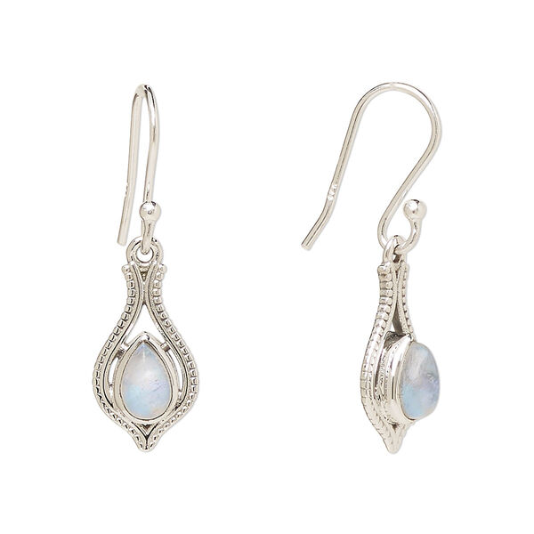 Ear wire, Create Compliments®, antiqued sterling silver and rainbow moonstone (natural), fishhook, 29.5mm with 15x9mm single-sided open beaded teardrop, 21 gauge. Sold per pair. image number 0