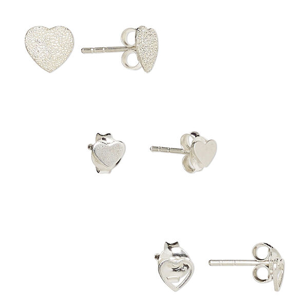 Earstud, sterling silver, 4.5x4mm heart / 5x4.5mm open heart / 7x6.5mm stardust heart with post. Sold per pkg of 3 pairs. image number 0