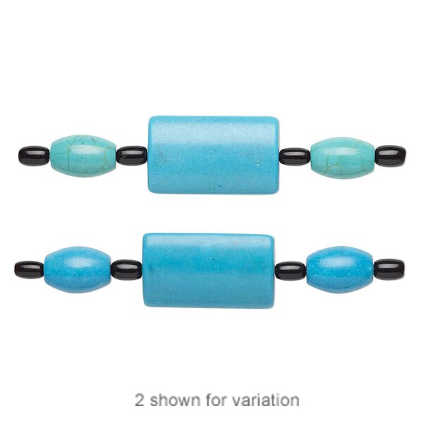 Bead mix, "turquoise" (imitation) resin and glass, blue-green / blue / black, 6x4mm barrel / 12x8mm-13x8mm barrel / 25x15mm-26x15mm puffed rectangle. Sold per pkg of 7. image number 0