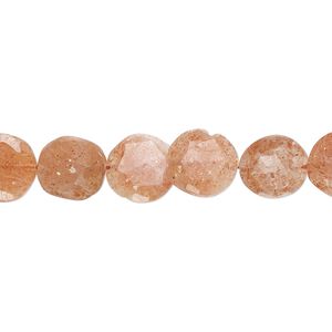 Bead, sunstone (natural), 9-10mm hand-cut faceted puffed flat round with 0.4-1.4mm hole, B grade, Mohs hardness 6 to 6-1/2. Sold per 13-inch strand, approximately 35 beads.