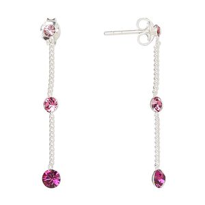 Earstud, Create Compliments®, sterling silver and crystal, pink, 33mm. Sold per pair.