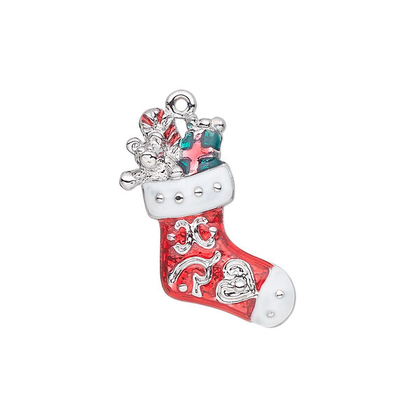 Charm, silver-plated "pewter" (zinc-based alloy) and enamel, red / white / green, 22x18mm single-sided stocking with teddy bear, candy cane and present. Sold individually. image number 0