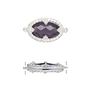 Link, amethyst (natural) / cubic zirconia / sterling silver, clear, 18x12mm double-sided faceted oval. Sold individually.