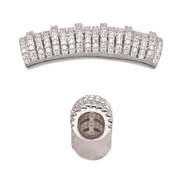 Bead, cubic zirconia and silver-plated brass, clear, 34x9mm curved tube. Sold individually. image number 0