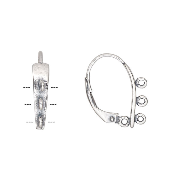 Ear wire, antiqued sterling silver, 19mm leverback with 16x4mm shield and 3 closed loops. Sold per pair. image number 0