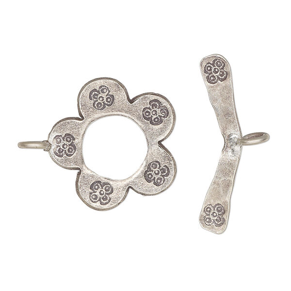 Clasp, toggle, Hill Tribes, antiqued sterling silver, 18mm flower with scroll bar. Sold individually. image number 0