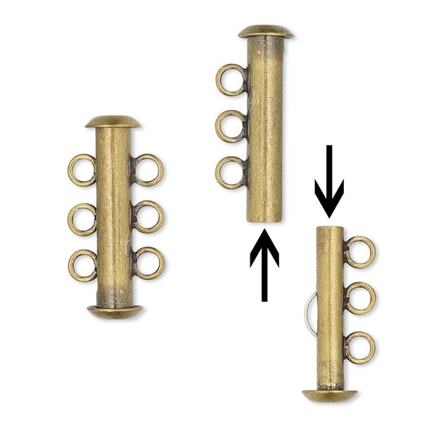 Clasp, 3-strand slide lock, antique gold-plated brass, 21x6mm tube. Sold per pkg of 10. image number 0
