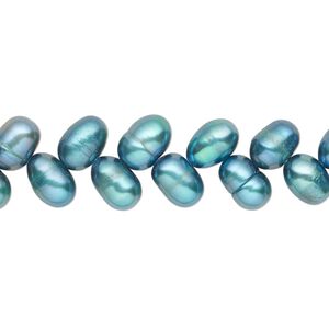 Pearl, cultured freshwater (dyed), teal, 6x5mm-8x6mm herringbone-drilled rice with 0.4-0.6mm hole, D grade, Mohs hardness 2-1/2 to 4. Sold per 15-inch strand.