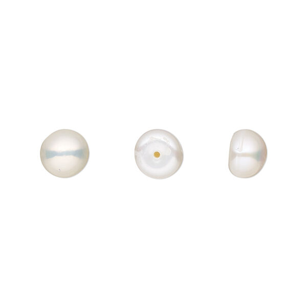 Pearl, White Lotus™, cultured freshwater (bleached), white, 6.5-7mm half-drilled button, B grade, Mohs hardness 2-1/2 to 4. Sold per pair. image number 0