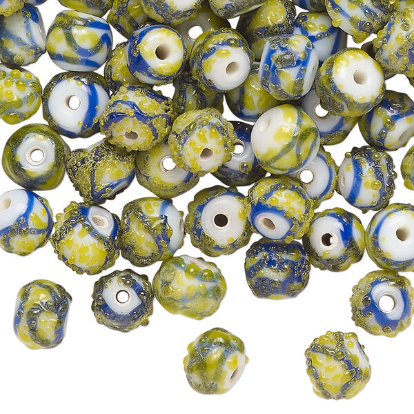 Bead, coated glass, opaque cobalt blue / lime / white, 6mm textured round with line design. Sold per 2-ounce pkg, approximately 135 beads. image number 0
