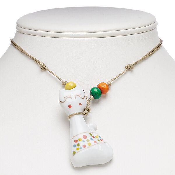 Necklace, painted wood / porcelain / waxed cotton cord, multicolored, 60x30mm cat, adjustable from 16-30 inches with macram&eacute; knot closure. Sold individually. image number 0