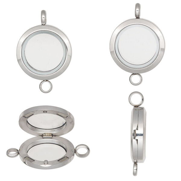 Pendant, glass and stainless steel, clear, 32x25mm hinged round with 17.5x4mm inside diameter and magnetic closure with loop. Sold individually. image number 0