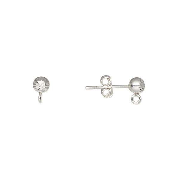 Earstud, sterling silver, 4mm diamond-cut ball with loop. Sold per pair. image number 0