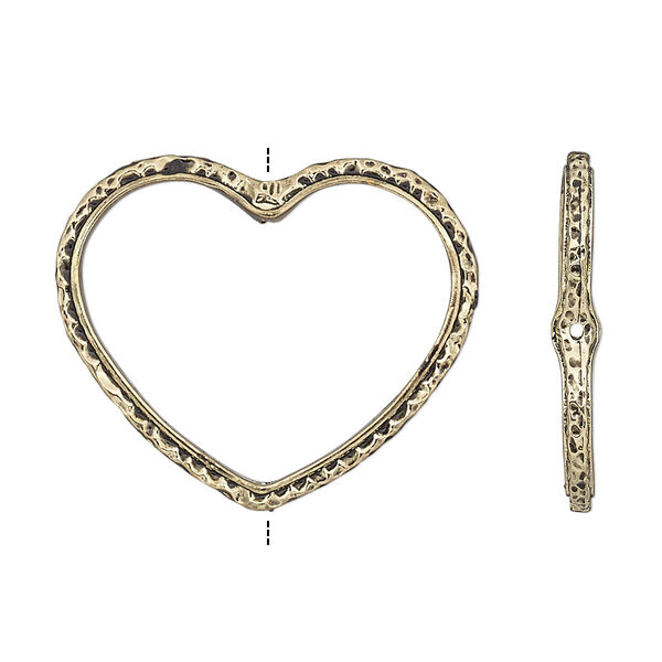 Bead frame, antique gold-finished "pewter" (zinc-based alloy), 28x24mm open heart with hammered edge, fits up to 16mm bead. Sold per pkg of 2. image number 0