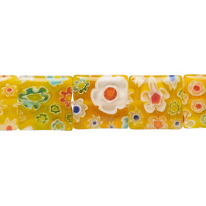 Bead, millefiori glass, translucent yellow and multicolored, 11mm-13x12mm puffed square with flower design. Sold per 14-inch strand.