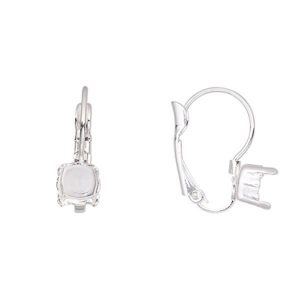 Ear wire, silver-plated brass, 18mm leverback with SS29 4-prong chaton setting. Sold per pair. image number 0