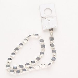 Bead, "pewter" (zinc-based alloy) and glass, pkg/8 inches, silver finish and clear, 5mm flat square.