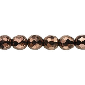 Bead, Czech fire-polished glass, opaque bronze, 8mm faceted round. Sold per 15-1/2" to 16" strand, approximately 50 beads.