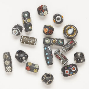 Bead 1pkg1, antique silver-finished brass and clay, black and multicolored, 12x11mm-27x10mm mixed shapes, 1 ounce