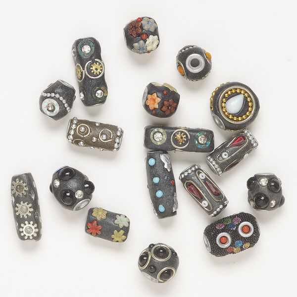 Bead 1pkg1, antique silver-finished brass and clay, black and multicolored, 12x11mm-27x10mm mixed shapes, 1 ounce image number 0