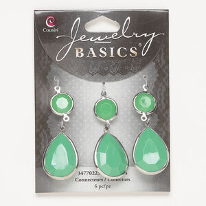 Link and drop assortment 1pkg6, gold-finished brass and acrylic, green, 13mm double-sided faceted round / 26x19mm double-sided faceted teardrop.