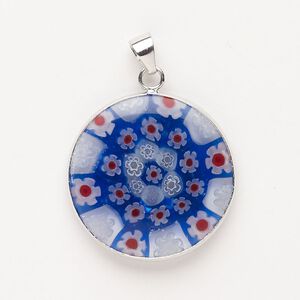 Pendant, "pewter" (zinc-based alloy) / brass / millefiori glass, pkg/1, 29mm round, silver finish and translucent multicolored.