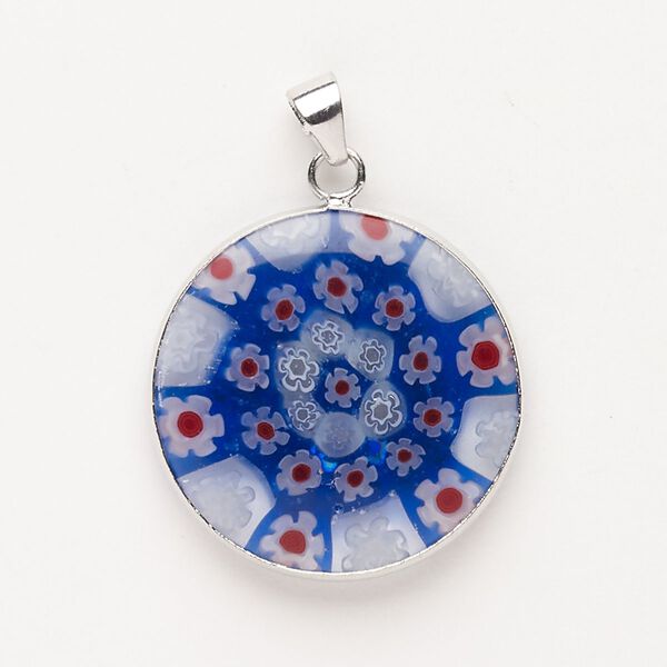 Pendant, "pewter" (zinc-based alloy) / brass / millefiori glass, pkg/1, 29mm round, silver finish and translucent multicolored. image number 0