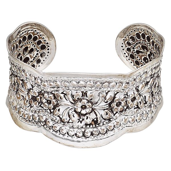 Bracelet, Hill Tribes, cuff, antique silver-plated brass, 36mm wide with flower design, adjustable. Sold individually. image number 0