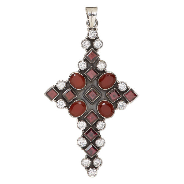 Pendant, carnelian / garnet (natural/dyed/heated/irradiated) / cubic zirconia / antiqued sterling silver, clear, 3-1/2x2-1/4 inch cross. Sold individually. image number 0
