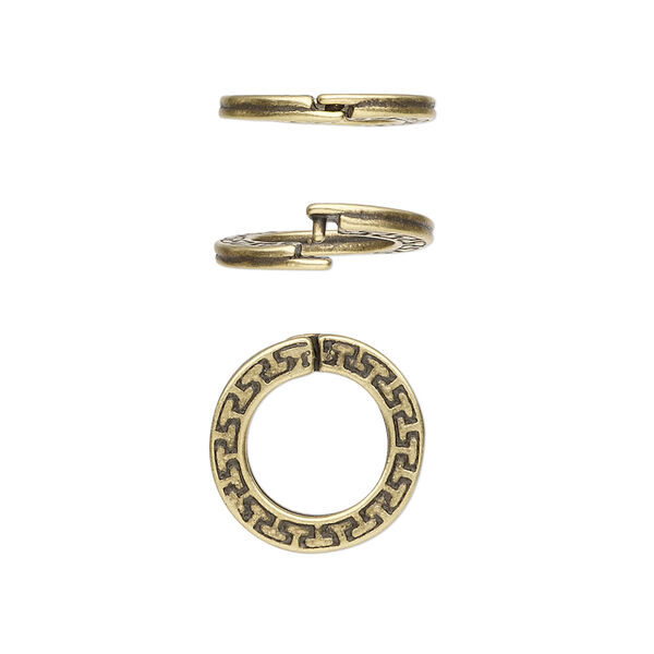 Loop Lock™, JBB Findings, antique brass-plated pewter (tin-based alloy), 15mm double-sided flat round with geometric design and ridged edge. Sold per pkg of 4. image number 0