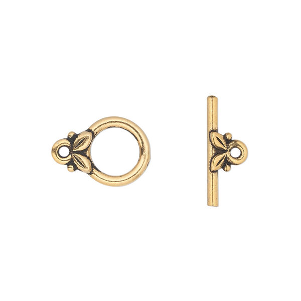 Clasp, TierraCast®, toggle, antique gold-plated pewter (tin-based alloy), 11.5mm round with leaves. Sold individually. image number 0