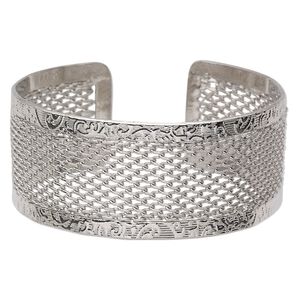 Bracelet, cuff, rhodium-finished steel, 30mm wide with cutout mesh design, adjustable from 7-1/2 to 8 inches. Sold individually.