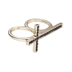 Ring, glass rhinestone and gold-finished "pewter" (zinc-based alloy), 47x25mm double band with cross design, size 8 and 9. Sold individually.