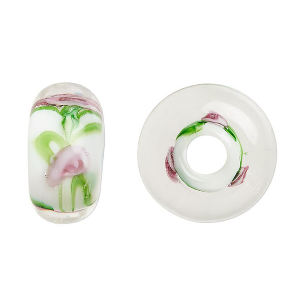 Bead, lampworked glass, opaque white and multicolored, 20x10mm rondelle with rose. Sold per pkg of 2. image number 0