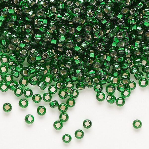 Seed bead, Preciosa Ornela Czech glass, pkg/50g, #8 rocaille, transparent silver-lined medium green, (57060). image number 0