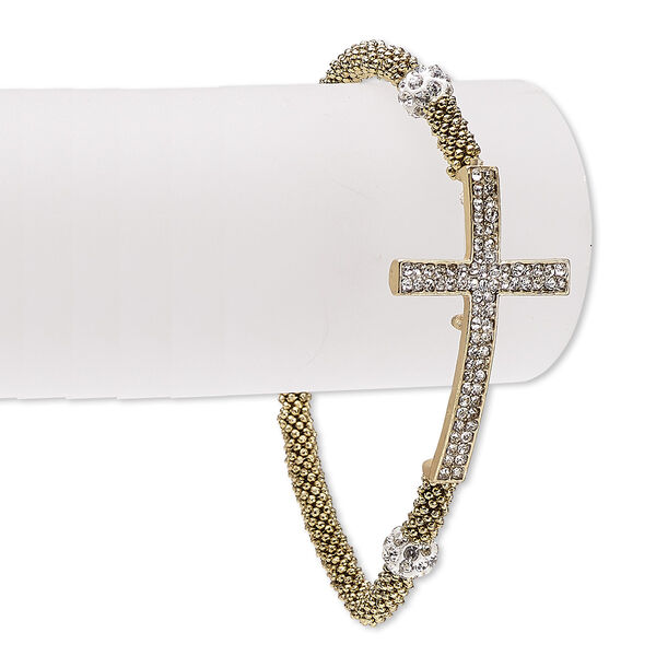 Bracelet, stretch, Czech glass rhinestone / epoxy / antique gold-finished "pewter" (zinc-based alloy), white and clear, 23mm wide with 37x23mm cross, 6 inches. Sold individually. image number 0